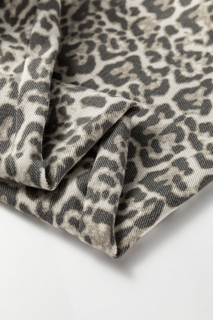 Brown Leopard Print Raw Hem Elastic Waist Loose Pull On Jeans