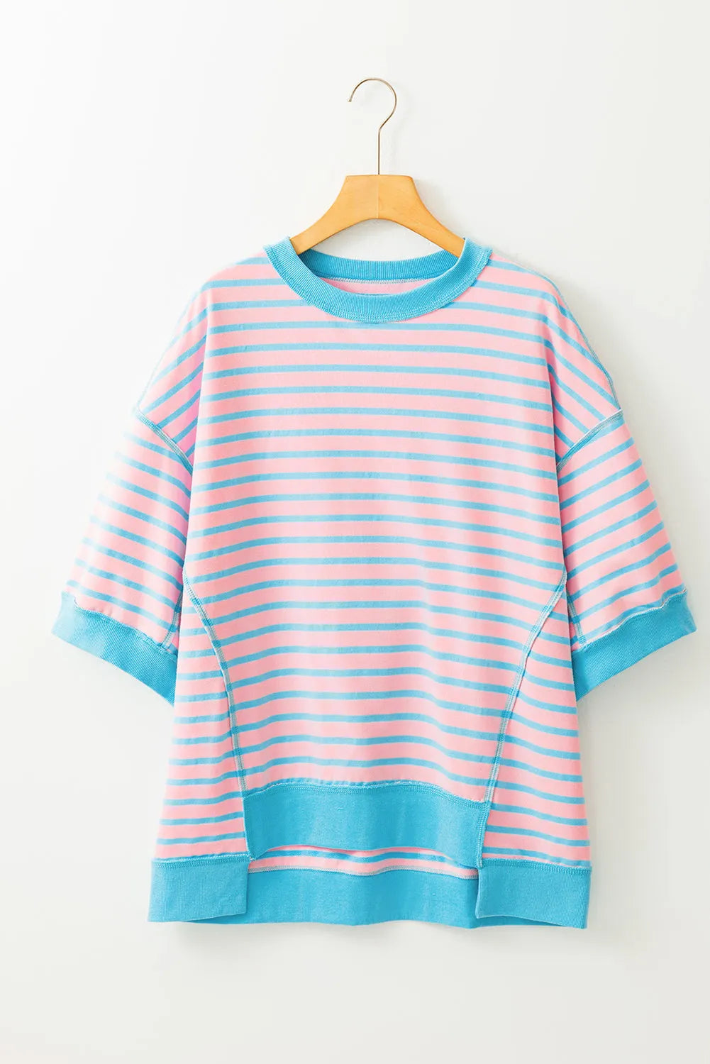 Pink Stripe Oversized Contrast Trim Exposed Seam High Low T Shirt - Chic Meadow Boutique 