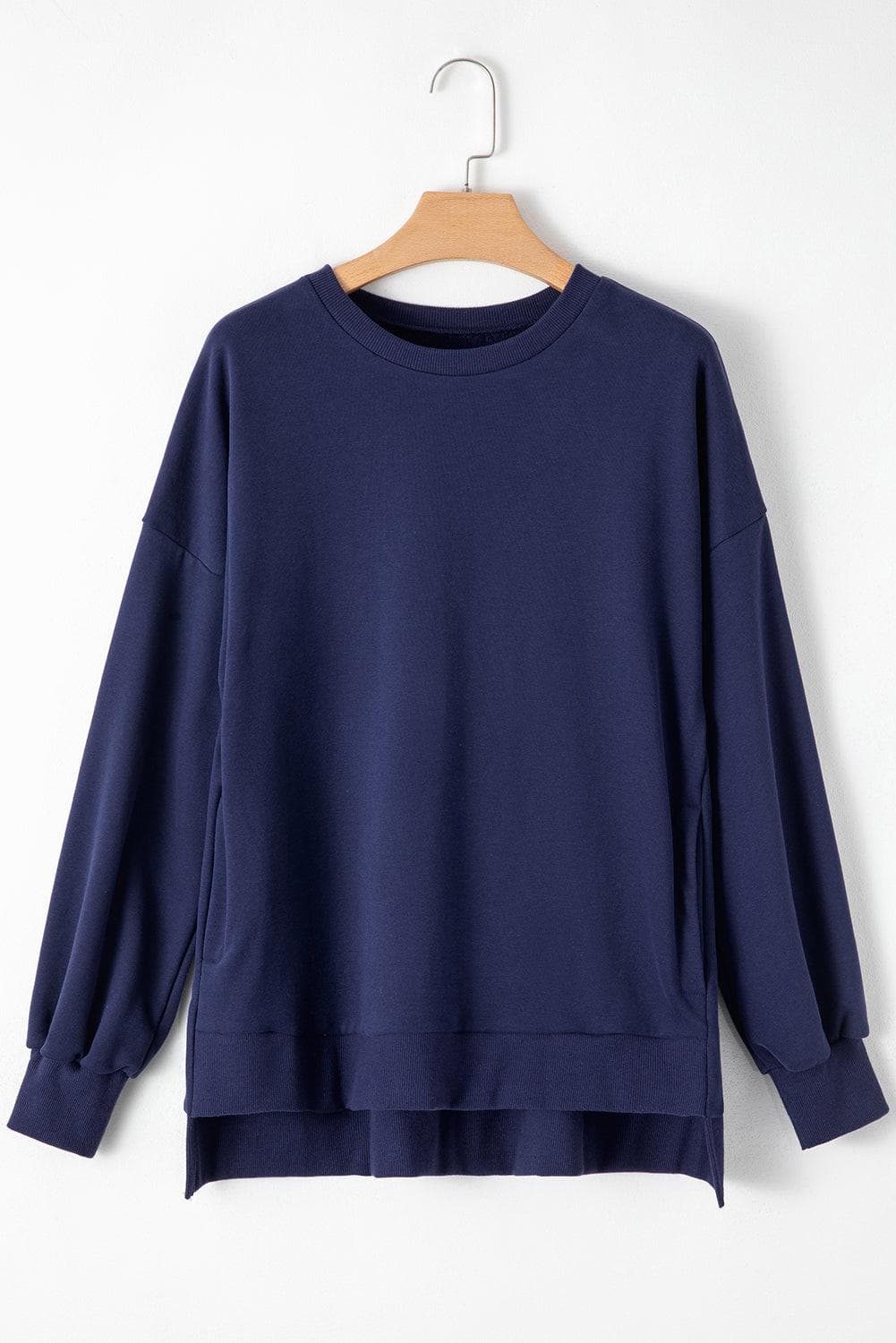 Tops/Sweatshirts & Hoodies Navy Blue Solid O Neck High Low Hem Pullover Sweatshirt