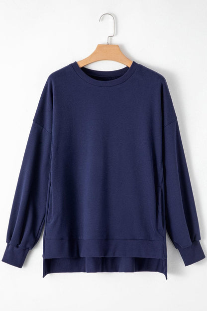 Tops/Sweatshirts & Hoodies Navy Blue Solid O Neck High Low Hem Pullover Sweatshirt