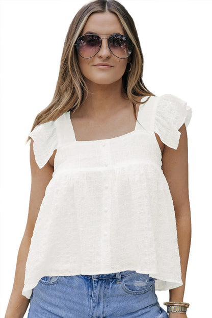 White Square Neck Textured Flowy Tank Top - Chic Meadow Boutique 