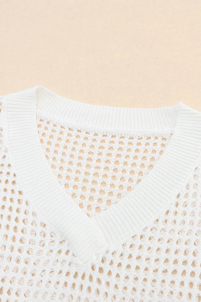 White Hollow Out Knitted Loose Fit V Neck Sweater - Chic Meadow Boutique 