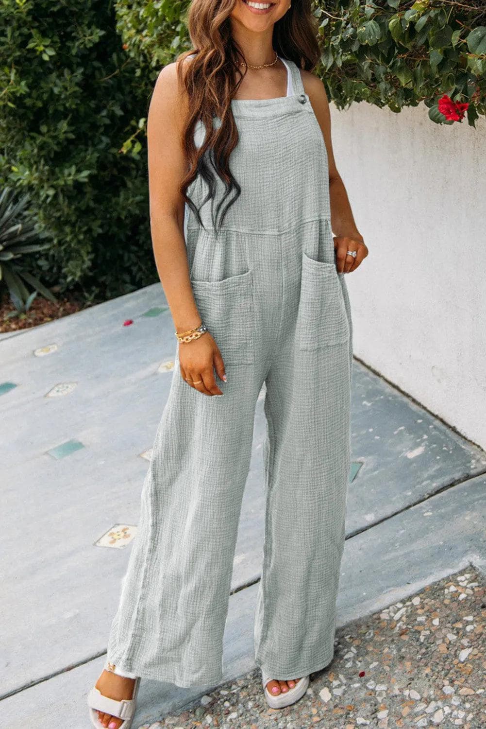 Bottoms/Jumpsuits & Rompers Gray / S / 100%Cotton Gray Textured Wide Leg Overall with Pockets