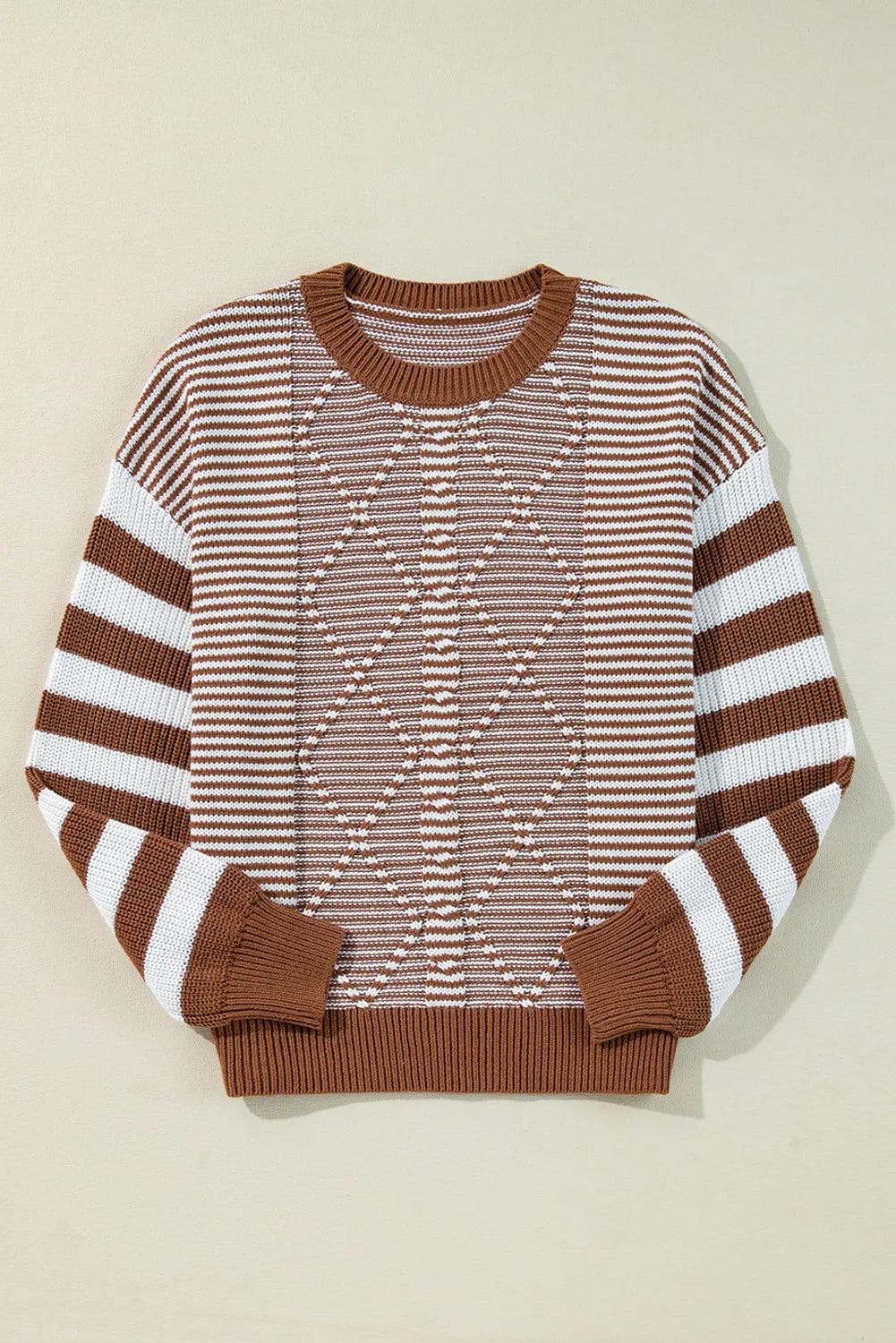 Sweaters & Cardigans/Sweaters Brown Stripe Geometric Textured Drop Shoulder Sweater