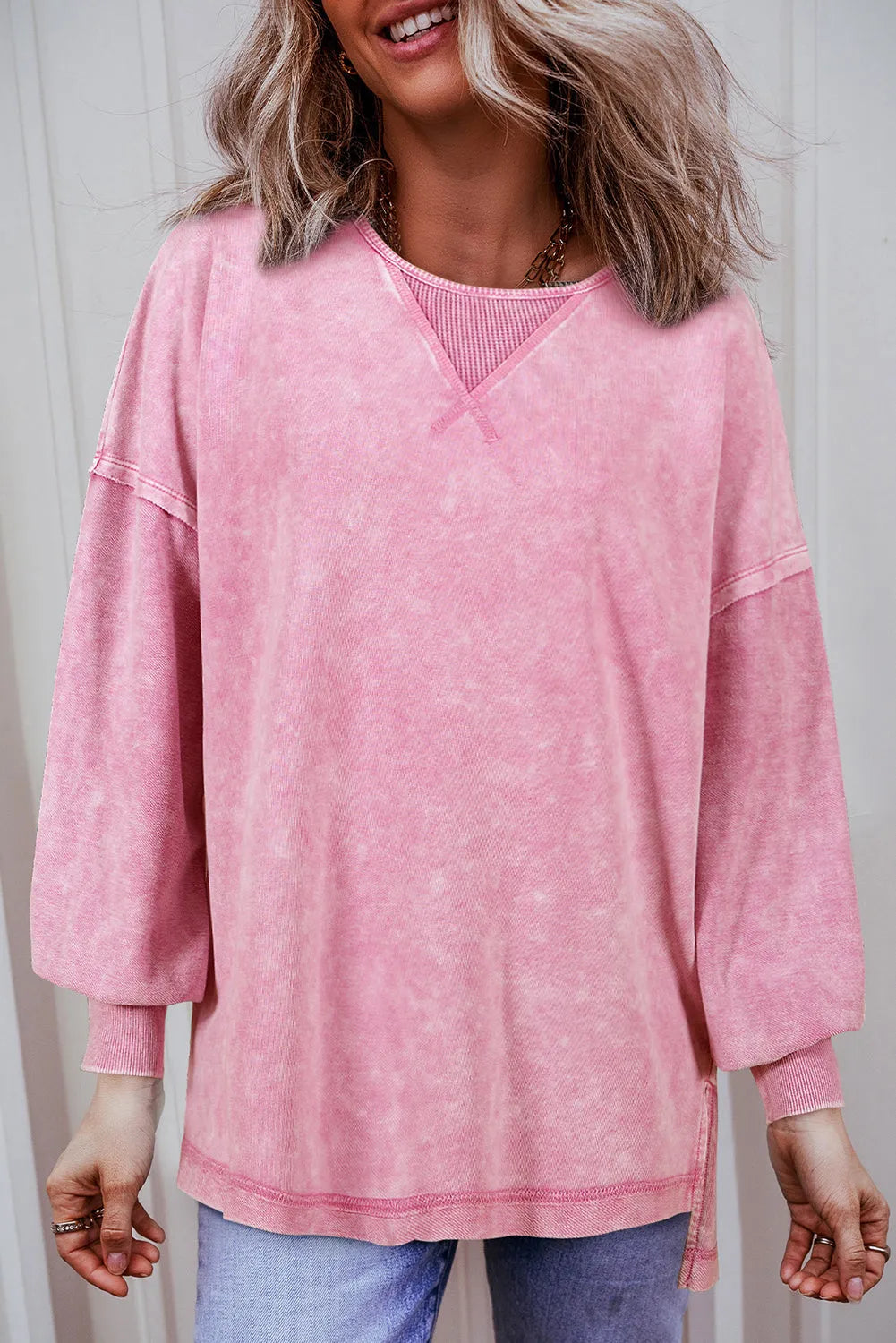 Strawberry Pink Mineral Wash Drop Shoulder Pullover Sweatshirt - Chic Meadow Boutique 