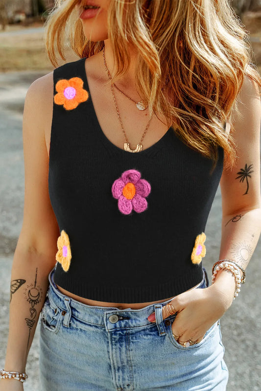 Black 3D Flower Decor Cropped Sweater Vest - Chic Meadow Boutique 