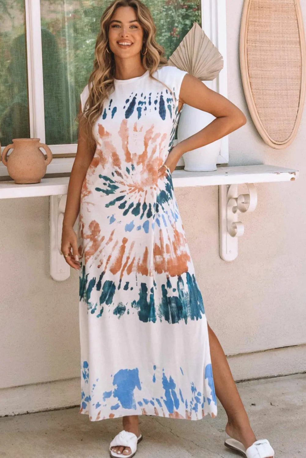 White Cap Sleeve Tie Dye Long Slit Dress - Chic Meadow Boutique 