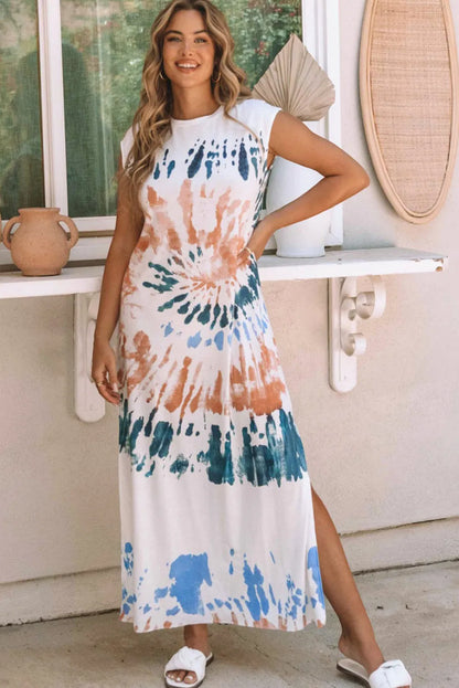 White Cap Sleeve Tie Dye Long Slit Dress - Chic Meadow Boutique 