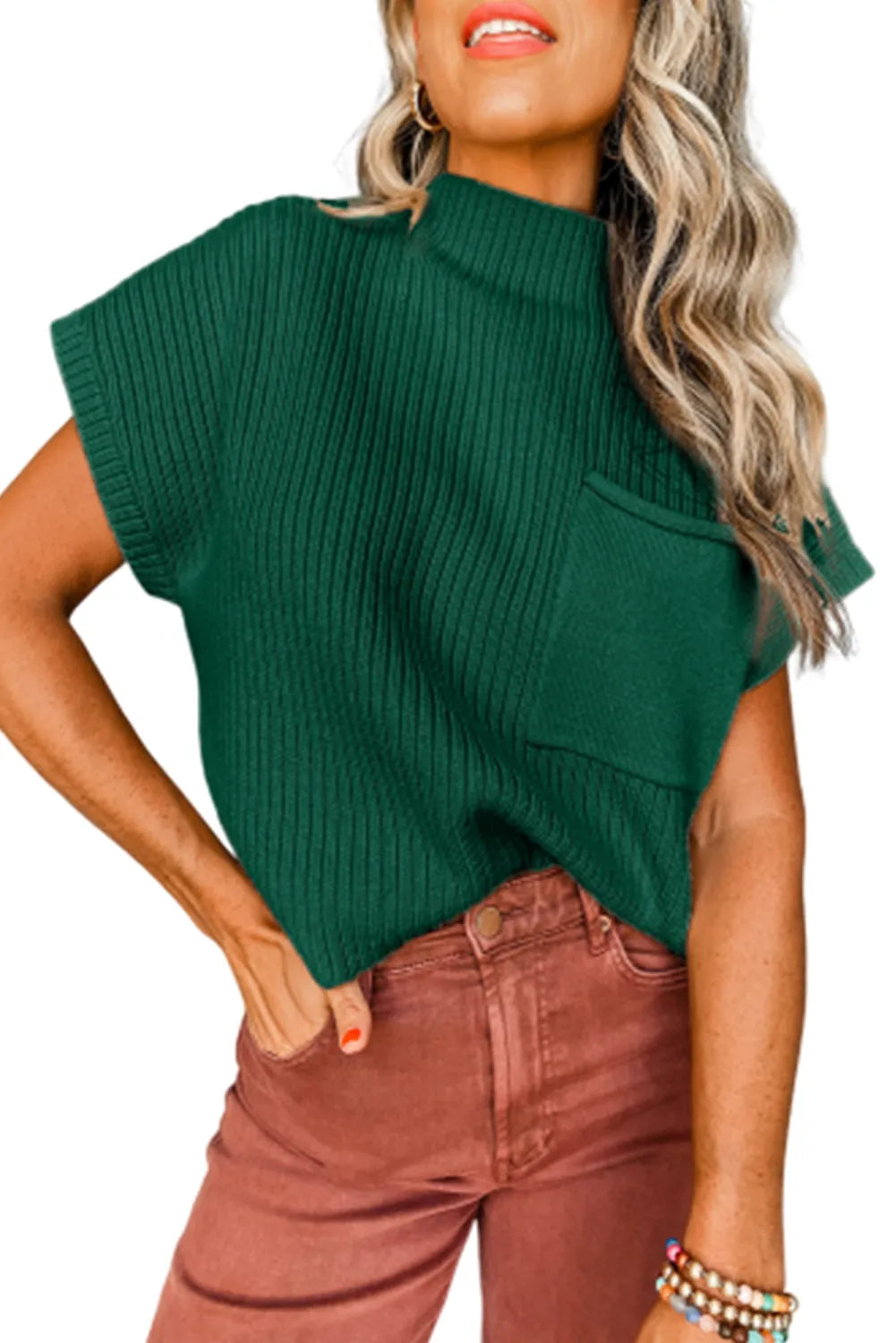 Blackish Green Patch Pocket Ribbed Knit Short Sleeve Sweater - Chic Meadow Boutique 