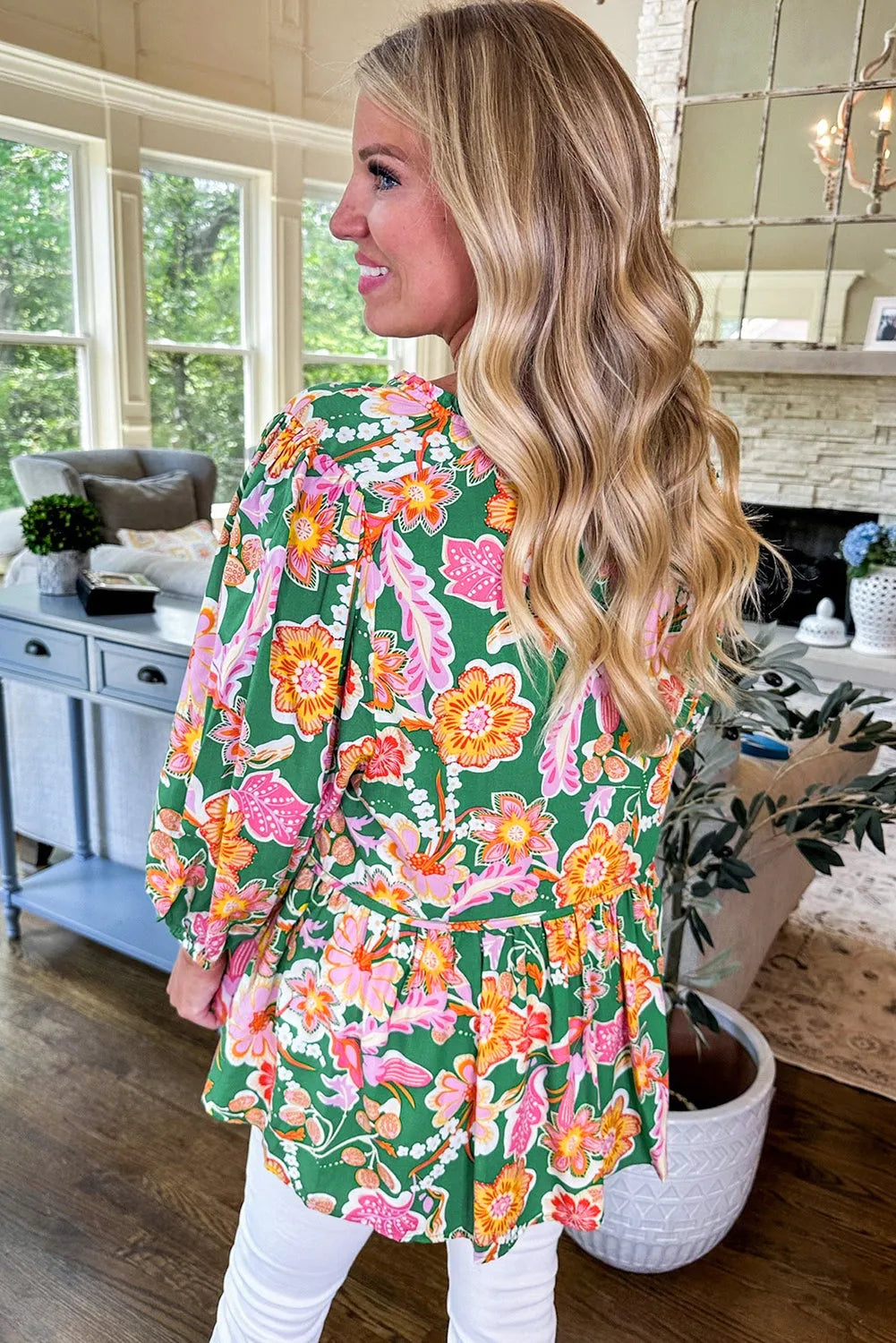 Green Floral Puff Sleeve V Neck Peplum Blouse - Chic Meadow Boutique 