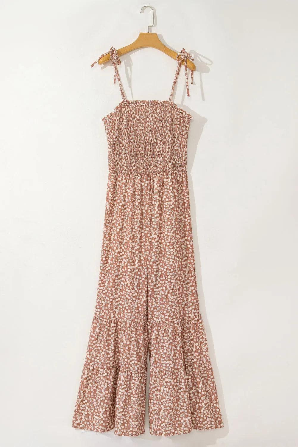 Bottoms/Jumpsuits & Rompers Khaki Thin Straps Smocked Bodice Wide Leg Floral Jumpsuit