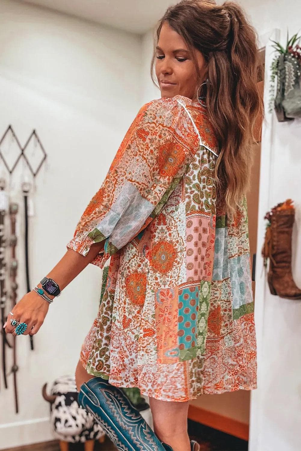 Dresses/Mini Dresses Orange Boho Paisley Mixed Print 3/4 Sleeve Chiffon Loose Dress