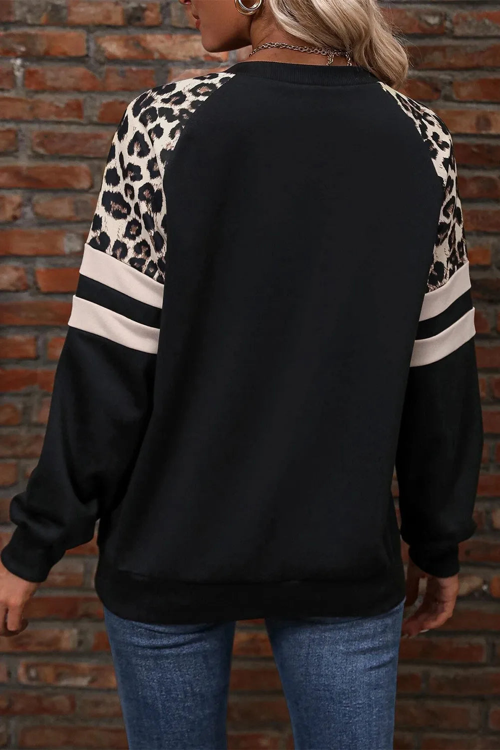 Black Leopard Print Colorblock Raglan Sleeve Sweatshirt - Chic Meadow Boutique 