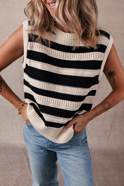 Black Stripe Ribbed Trim Knitted Sweater Vest - Chic Meadow Boutique 