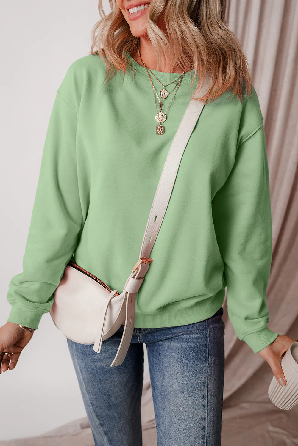 Smoke Green Solid Fleece Lined Drop Shoulder Terry Sweatshirt - Chic Meadow Boutique 