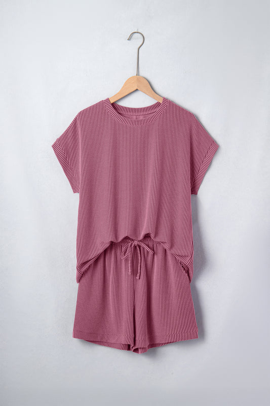 Pitaya Pink Twisted Ribbed Loose Tee Drawstring Elastic Waist 2pcs Short Set