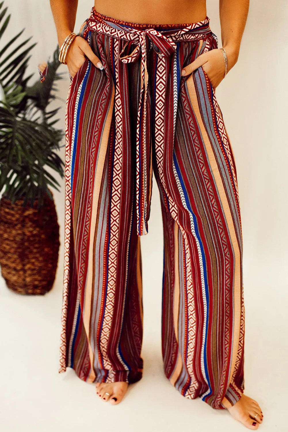 Red Boho Ethnic Striped Print Tie Waist Wide Leg Pants - Chic Meadow Boutique 