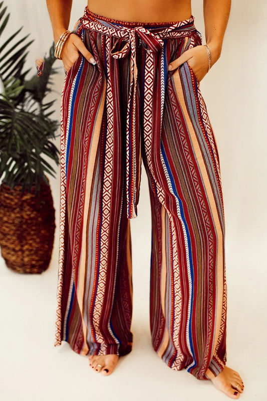 Red Boho Ethnic Striped Print Tie Waist Wide Leg Pants - Chic Meadow Boutique 