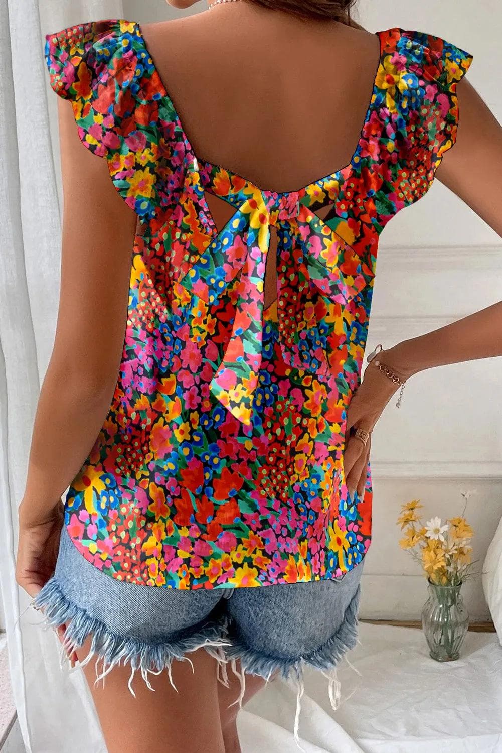 Tops/Blouses & Shirts Multicolour Floral Print Cap Sleeve Square Neck Back Knot Blouse