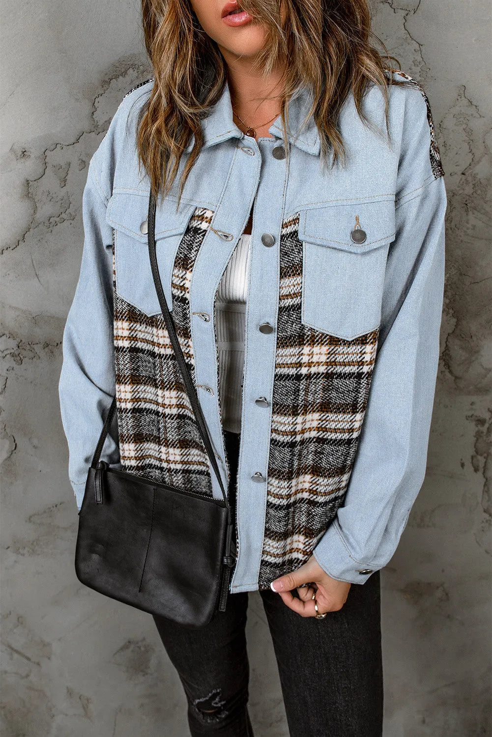 Sky Blue Plaid Patchwork Raw Hem Denim Jacket - Chic Meadow Boutique 