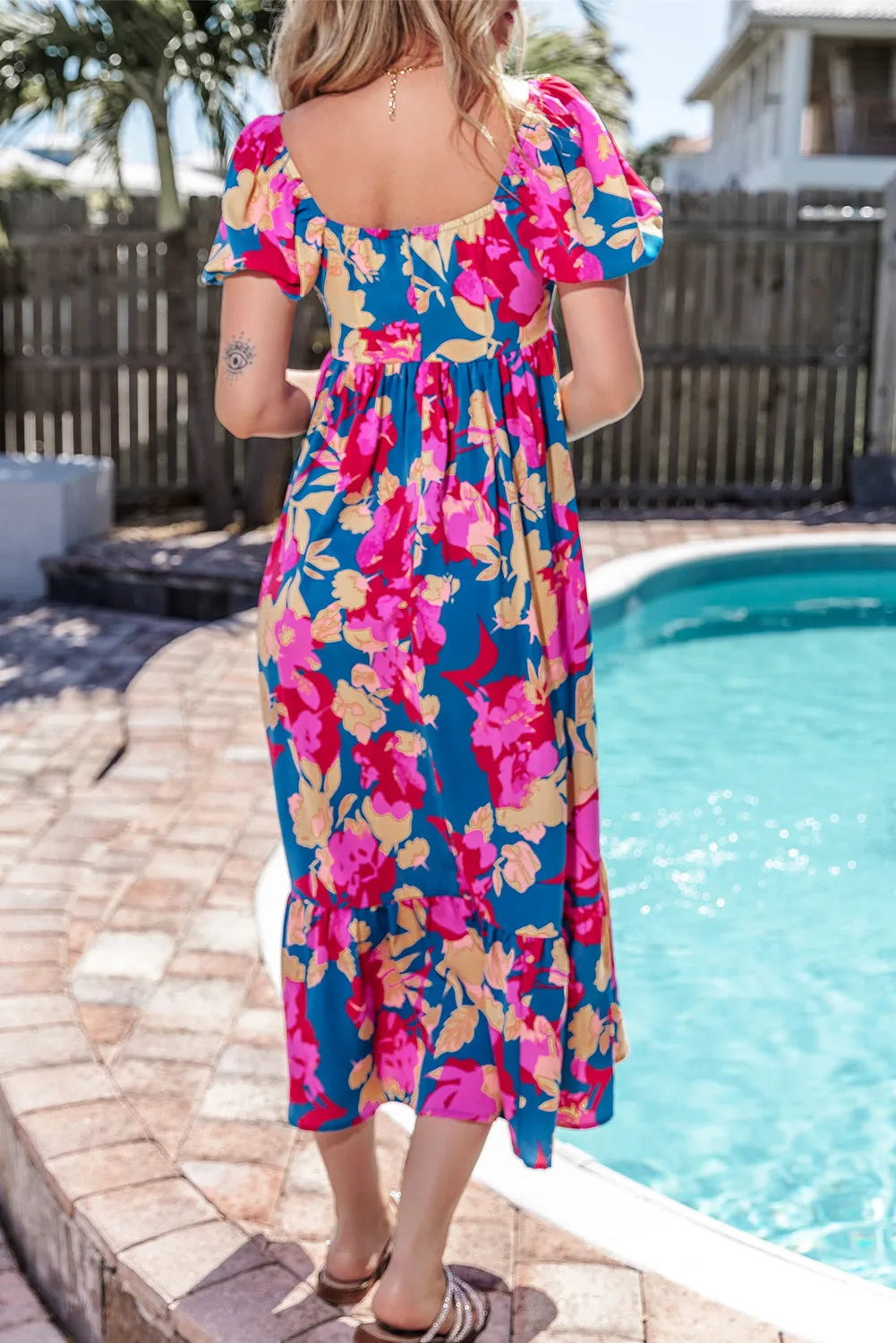 Dark Blue Square Neck Bubble Sleeve Ruffled Floral Dress - Chic Meadow Boutique 