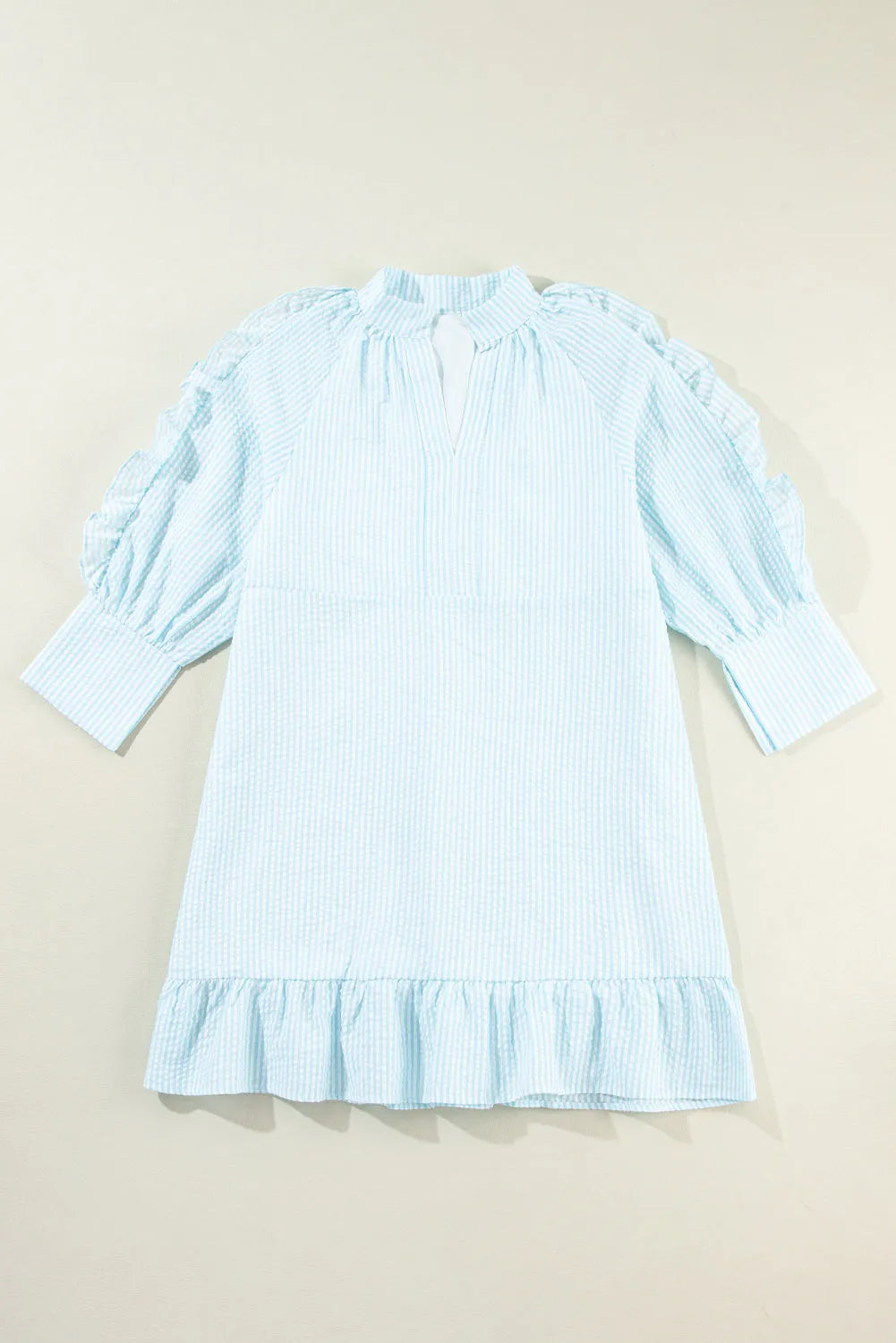 Myosotis Seersucker Ruffled Puff Sleeve Stand Neck Mini Dress - Chic Meadow Boutique 