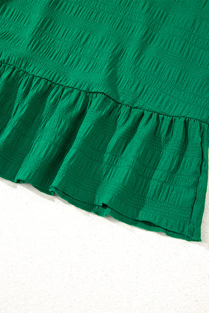 Dark Green Textured Flutter Sleeve Ruffled Mini Dress
