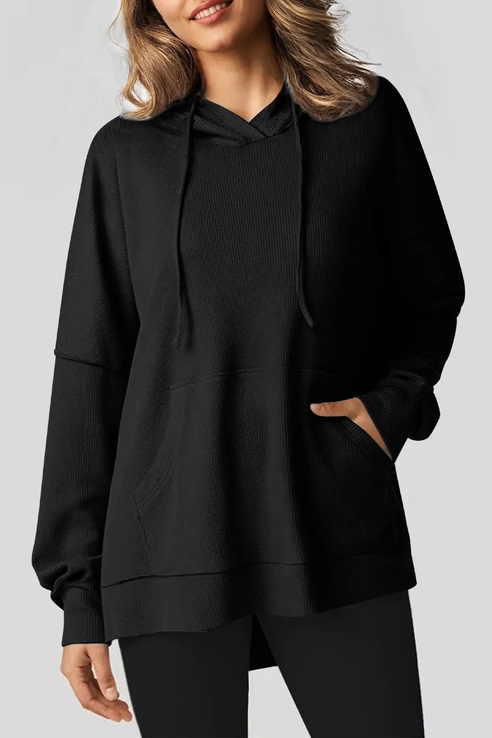 Black Waffle Knit Fleece Lined High Low Oversized Hoodie - Chic Meadow Boutique 