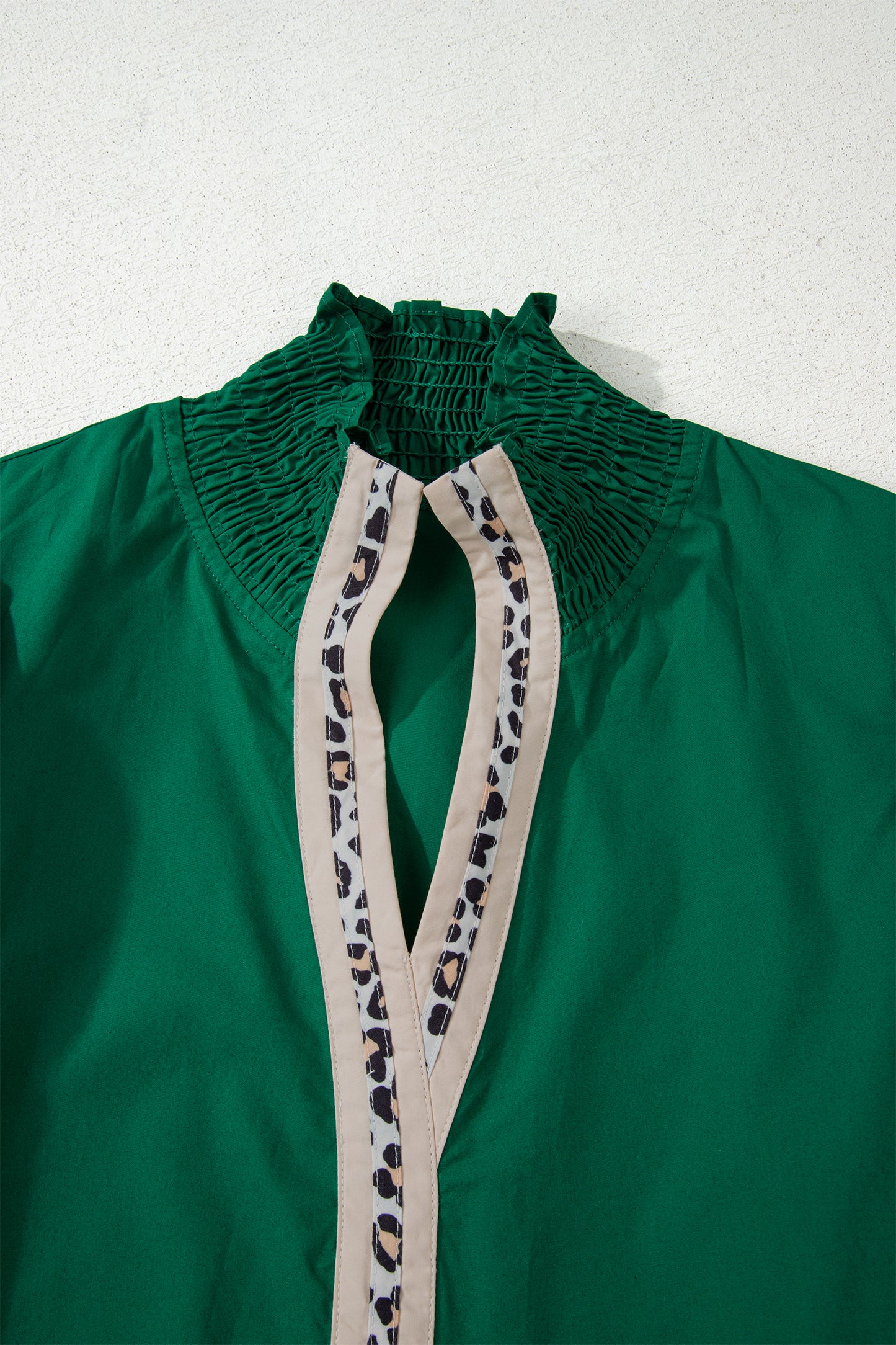 Evergreen Puffy Flounce Sleeve Leopard Trim V Neck Blouse
