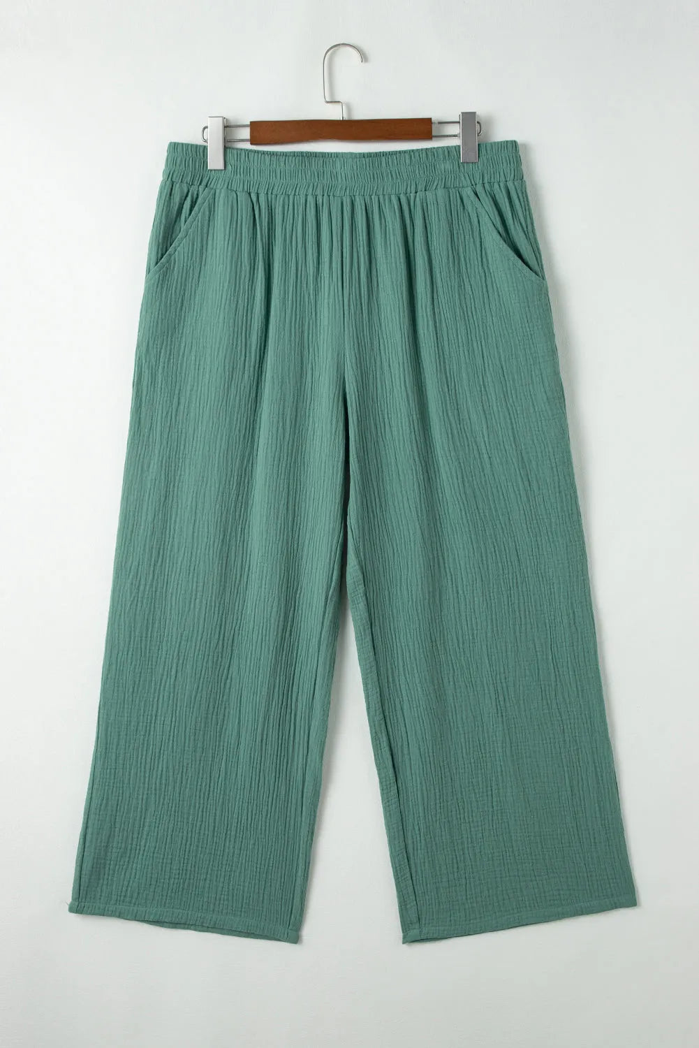 Smoke Green Plus Size Textured Frayed Edge Wide Leg Pants - Chic Meadow Boutique 