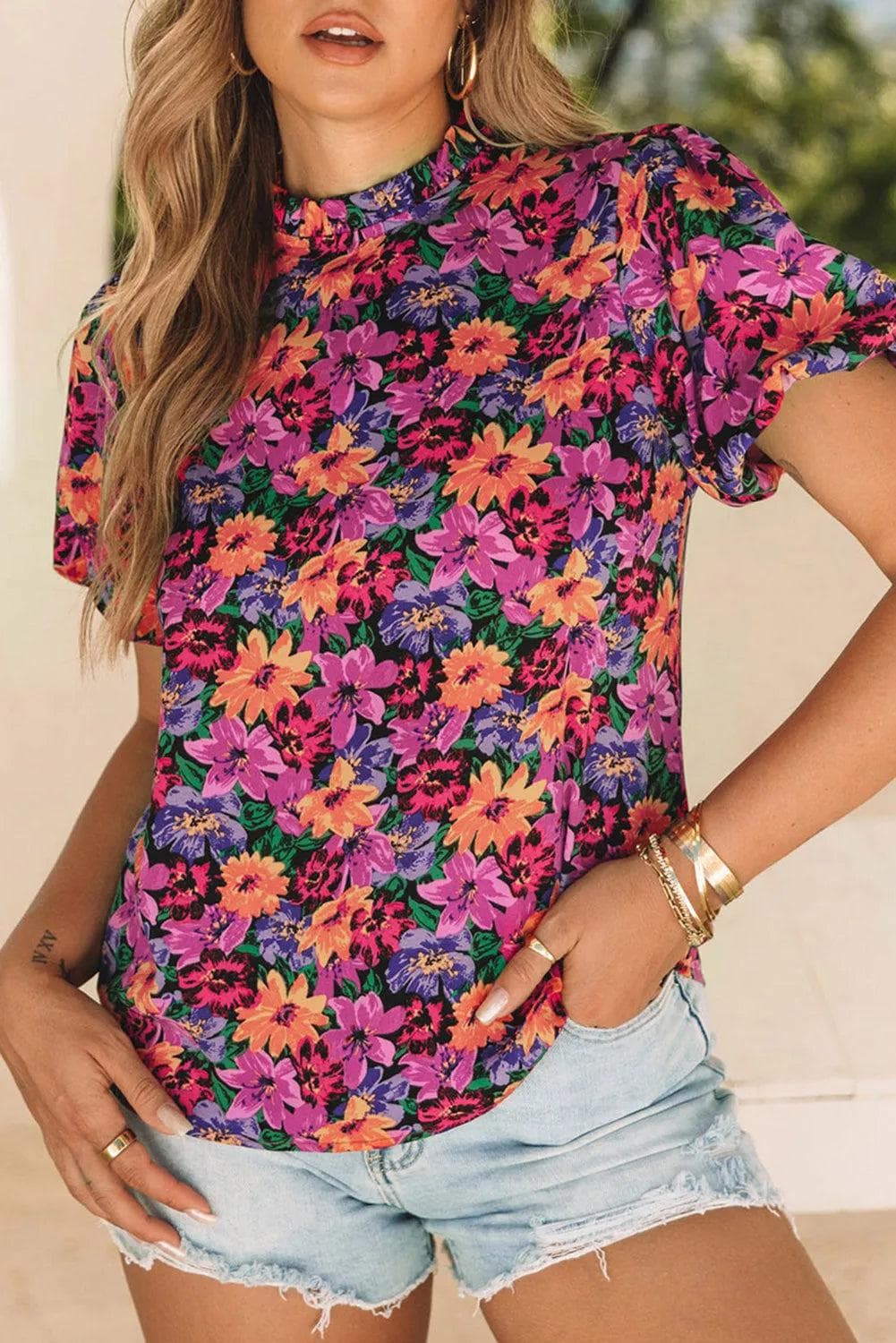 Tops/Blouses & Shirts Multicolor Floral Print Round Neck Puff Sleeve Blouse