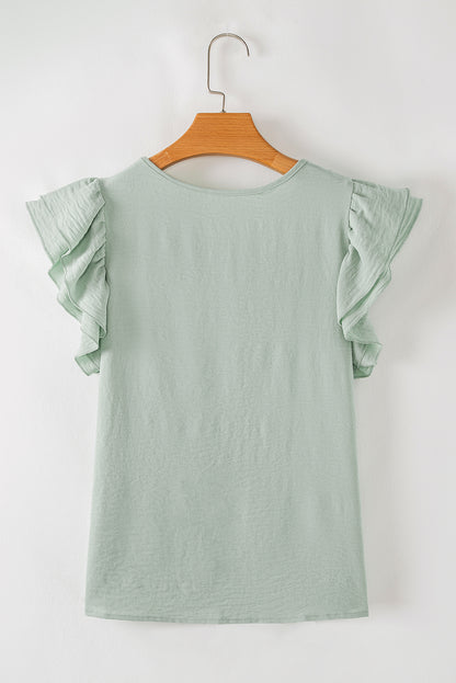 Clearly Aqua Solid Color Ruffled Short Sleeve Casual Blouse