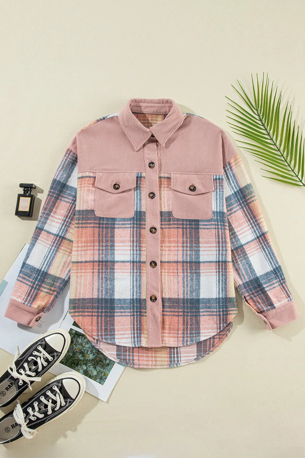 Light Pink Plaid Corduroy Patchwork Chest Pocket Shacket - Chic Meadow Boutique 