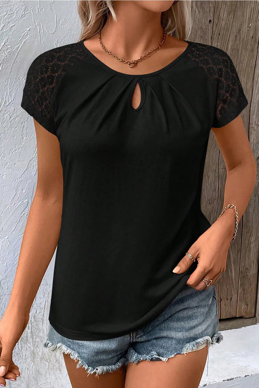 Black Contrast Lace Sleeve Keyhole Decor Top - Chic Meadow Boutique 