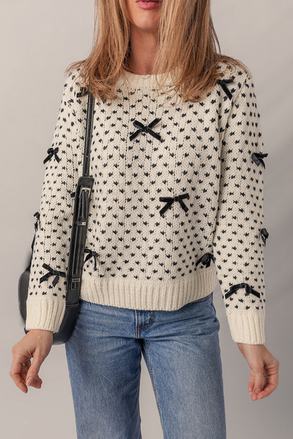 Beige Bow Decor Color Contrast Ribbed Edge Crew Neck Sweater