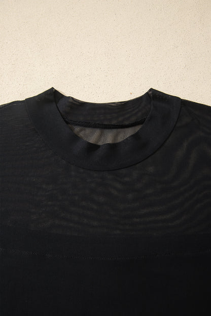 Black Plus Size Sheer Mesh Panel Short Sleeve Top