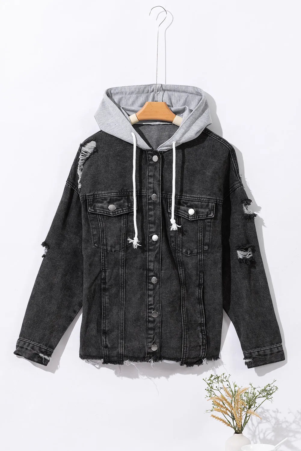 Black Drawstring Hooded Frayed Denim Jacket - Chic Meadow Boutique 