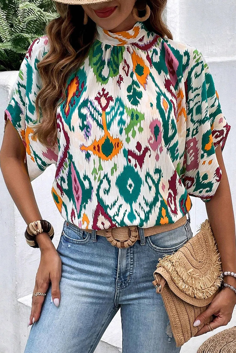 Multicolour Western Print High Neck Bat Sleeve Blouse - Chic Meadow Boutique 