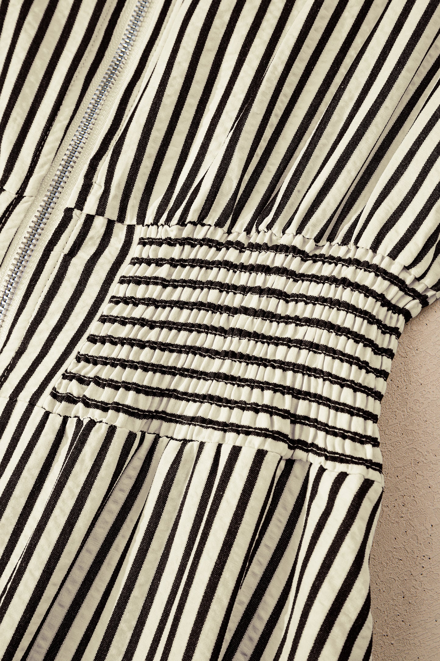 Black Stripe V Neck Zip Front Cinched High Waist Midi Dress