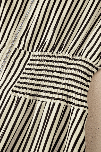 Black Stripe V Neck Zip Front Cinched High Waist Midi Dress