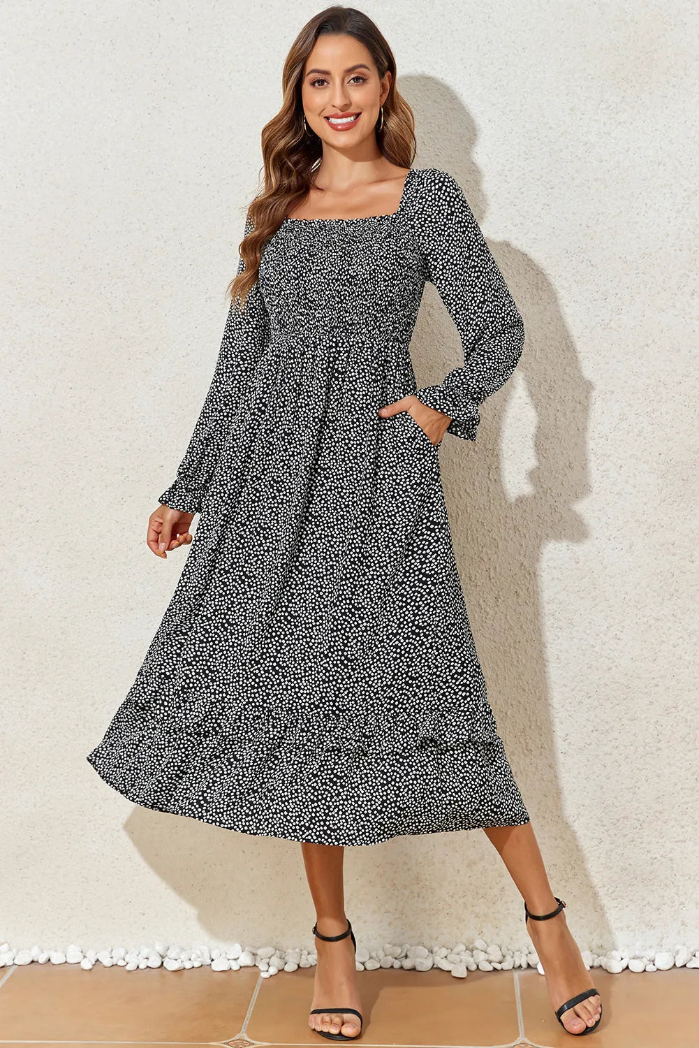 Black Floral Printed Long Sleeve Square Neck Midi Dress - Chic Meadow Boutique 