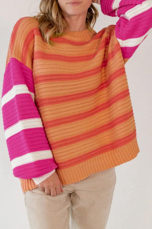 Sweaters & Cardigans/Sweaters Orange Stripe / S / 55%Acrylic+45%Cotton Orange Stripe Colorblock Crew Neck Drop Shoulder Loose Sweater