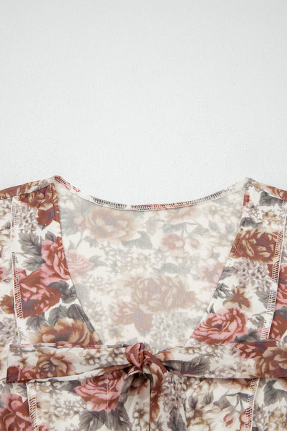 Red Floral Print Stitched Detail Tie V Neck Long Bell Sleeve Blouse