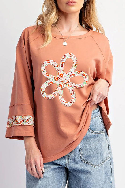 Grapefruit Orange Flower Patch Graphic Exposed Seam Wide Sleeve Top - Chic Meadow Boutique 