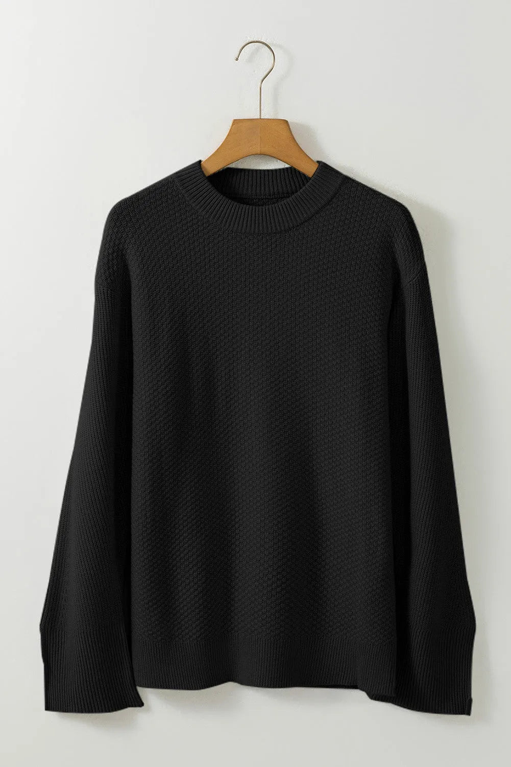 Black Solid Textured Knit Split Cuff Drop Shoulder Loose Sweater - Chic Meadow Boutique 