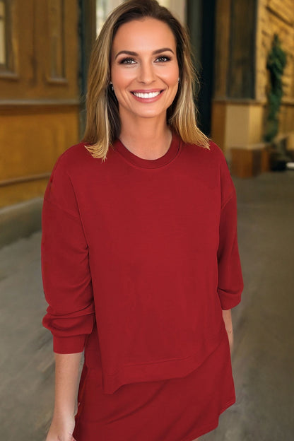 Racing Red Solid Color Drop Shoulder Pullover Drawstring Mini Skirt 2pcs Outfit