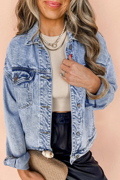 Beau Blue Vintage Washed Flap Pockets Denim Jacket - Chic Meadow Boutique 