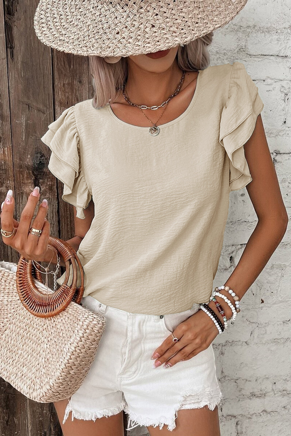 Beige Solid Color Ruffled Short Sleeve Casual Blouse