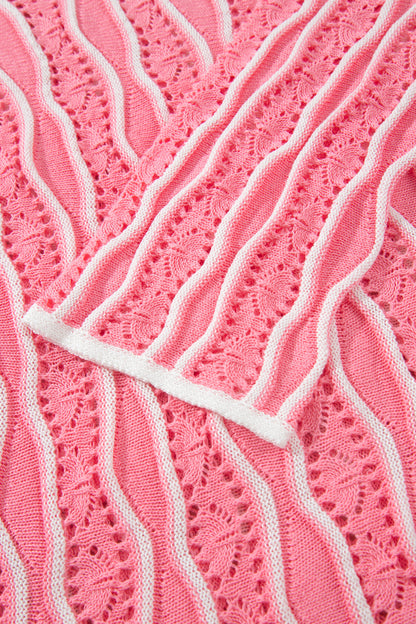 Pink Wavy Detail Hollow Out Knit Long Sleeve Cotton Pullover Sweater