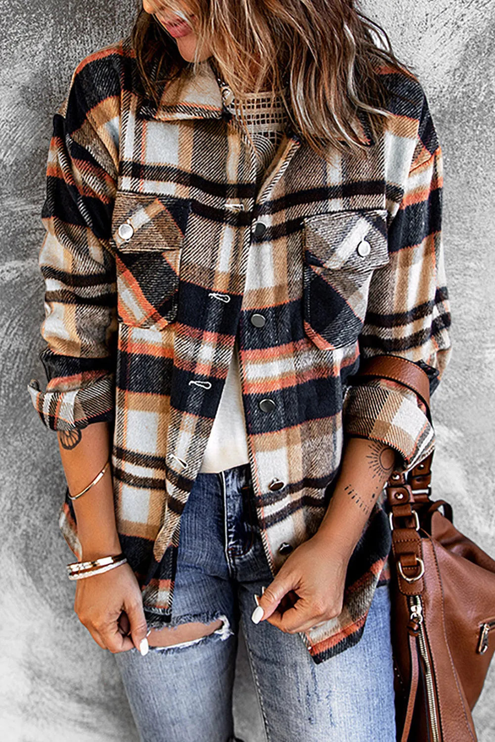 Geometric Plaid Print Pocketed Shacket - Chic Meadow Boutique 